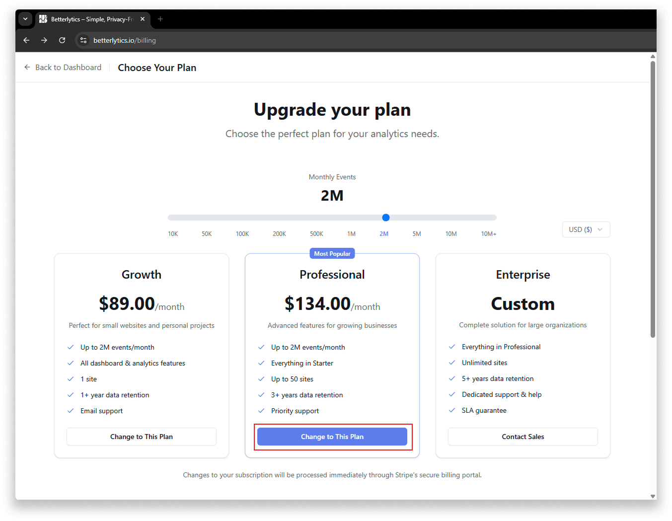Billing page with pricing calculator