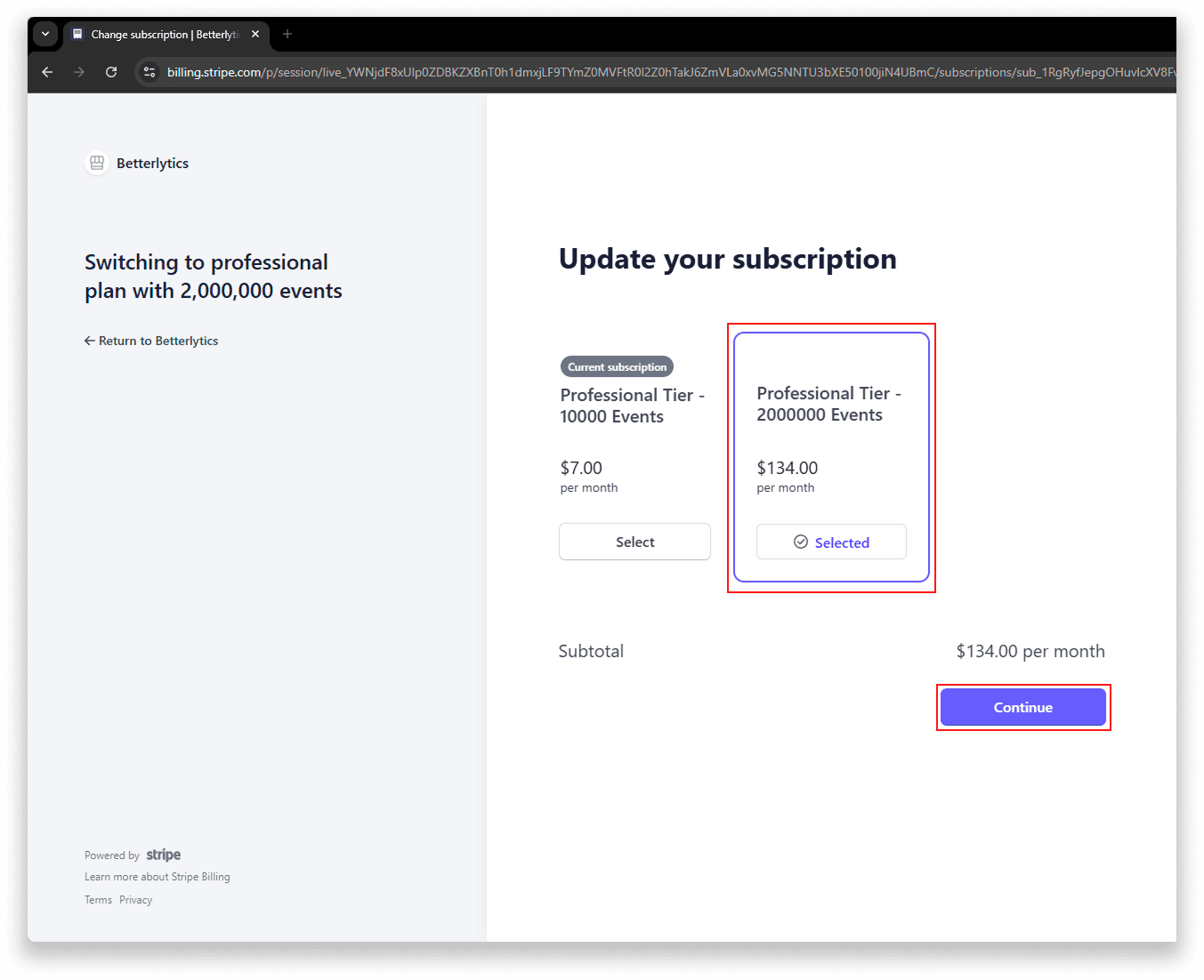 Stripe customer portal plan change interface