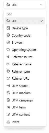 Filter dropdown showing all available filter types