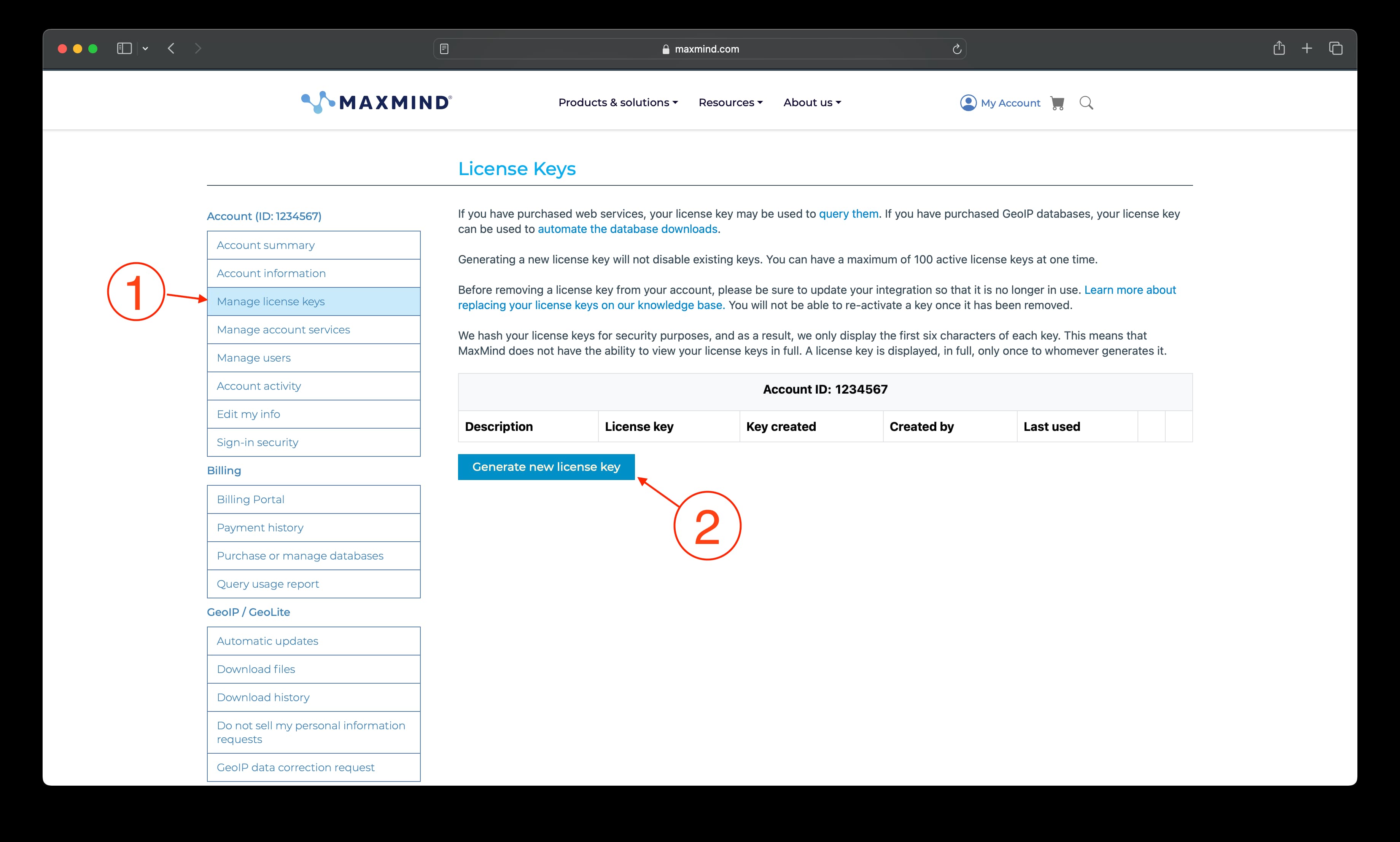 MaxMind license key page