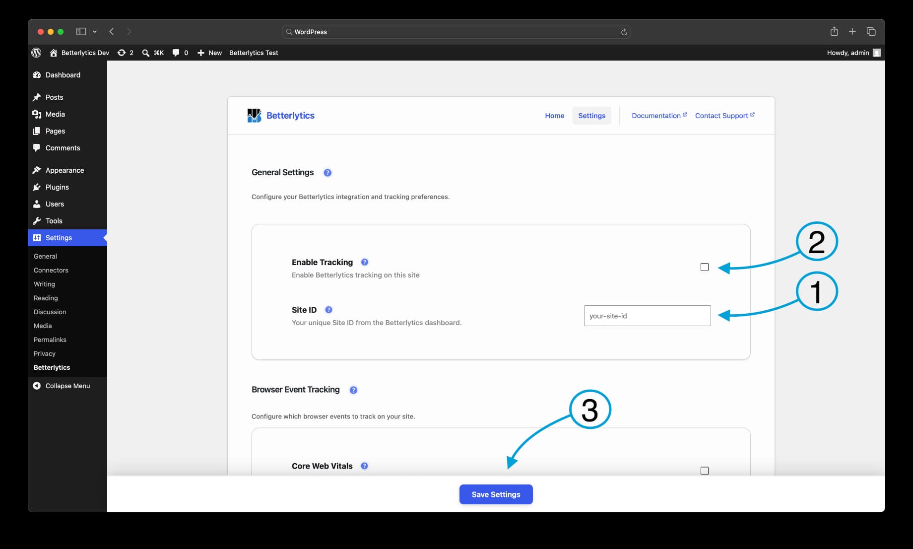 The Site ID field and Enable Tracking toggle on the Settings tab