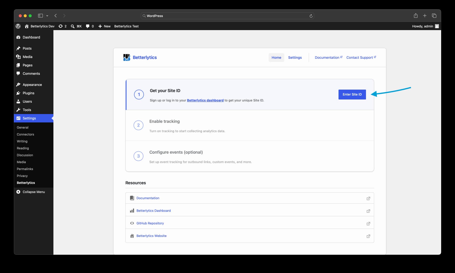 The plugin's setup wizard on the Home tab