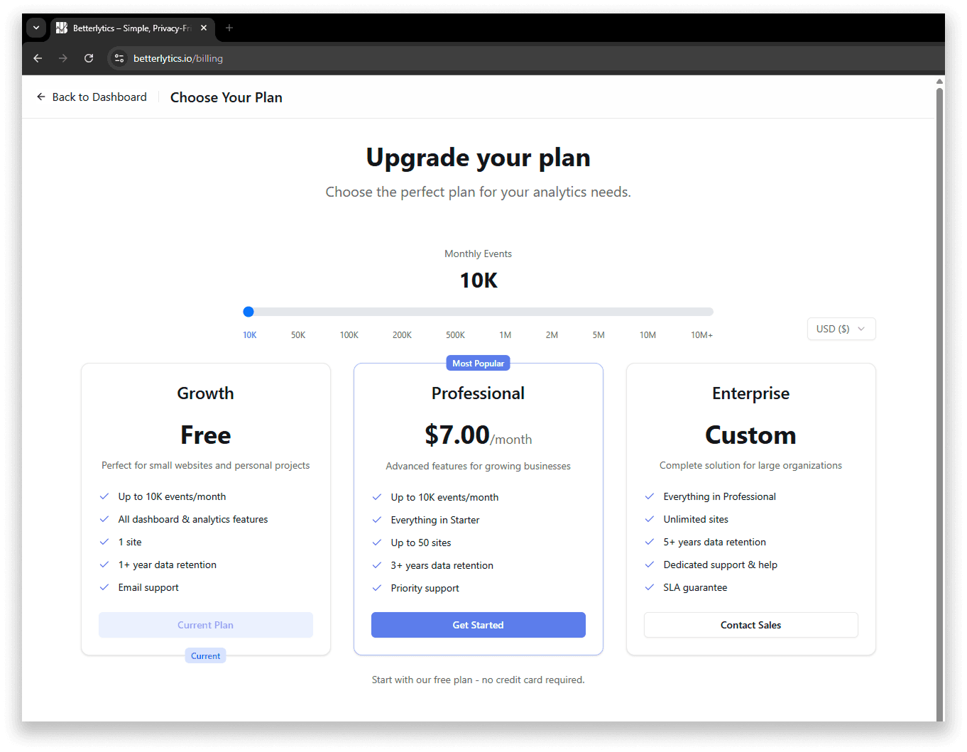 Billing page with pricing slider