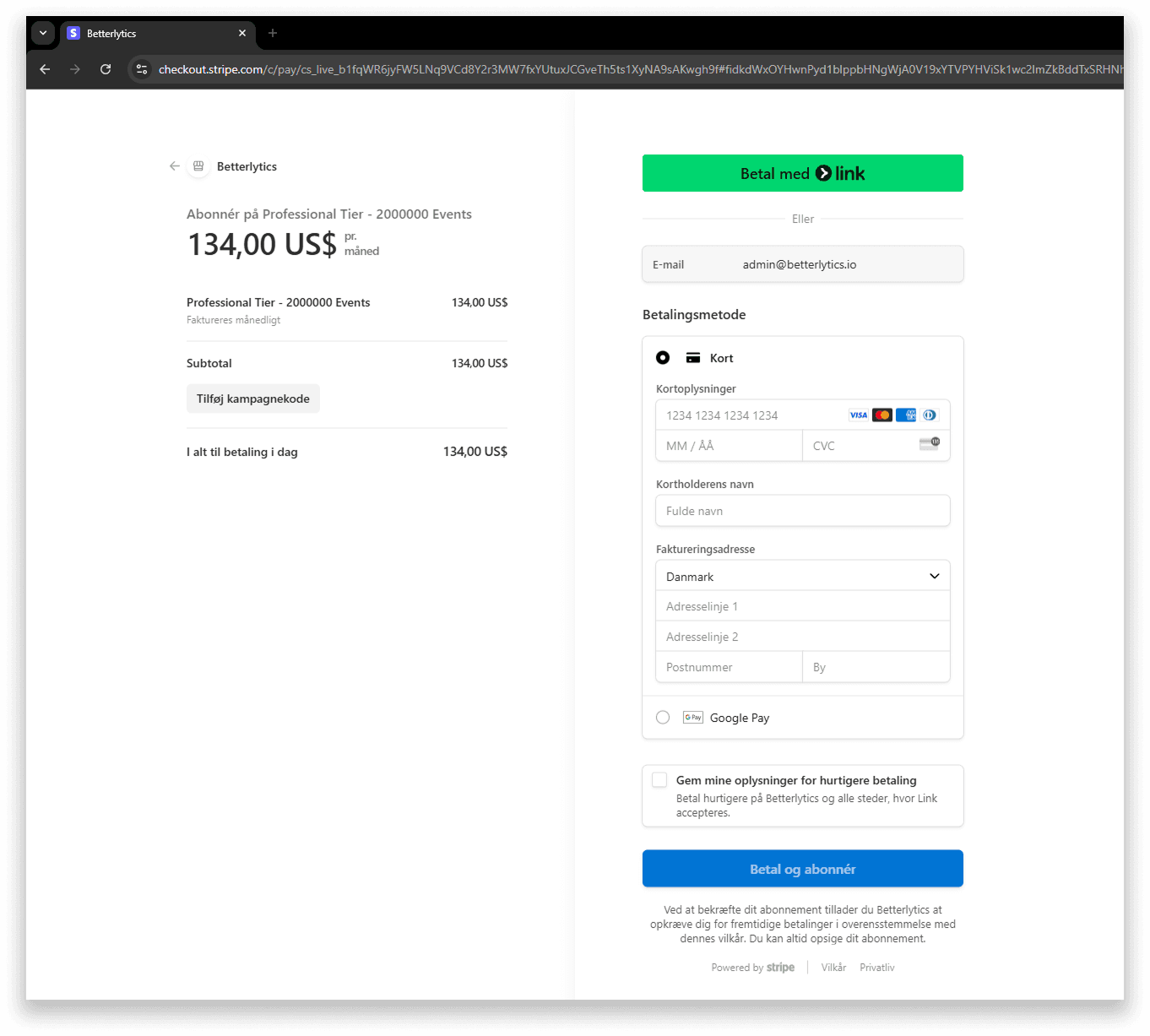 Stripe checkout page