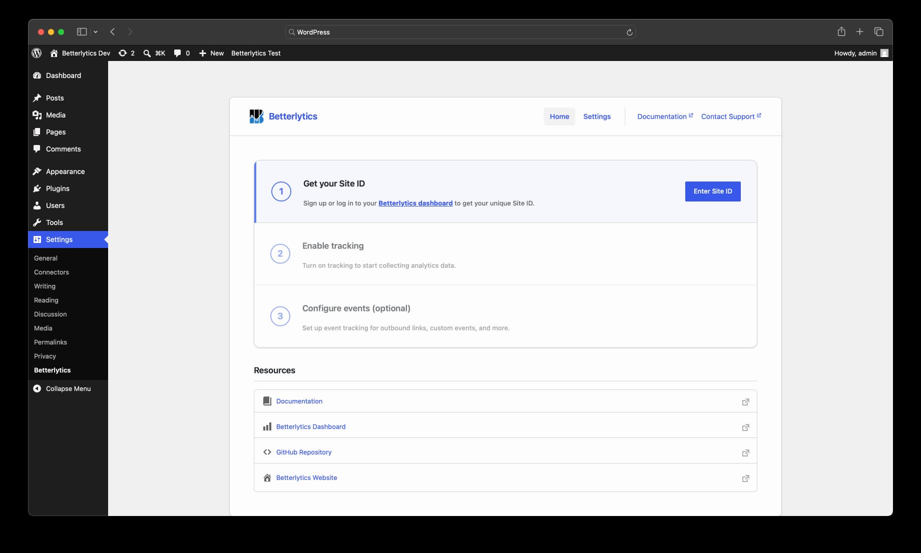 The Betterlytics plugin settings screen in wp-admin